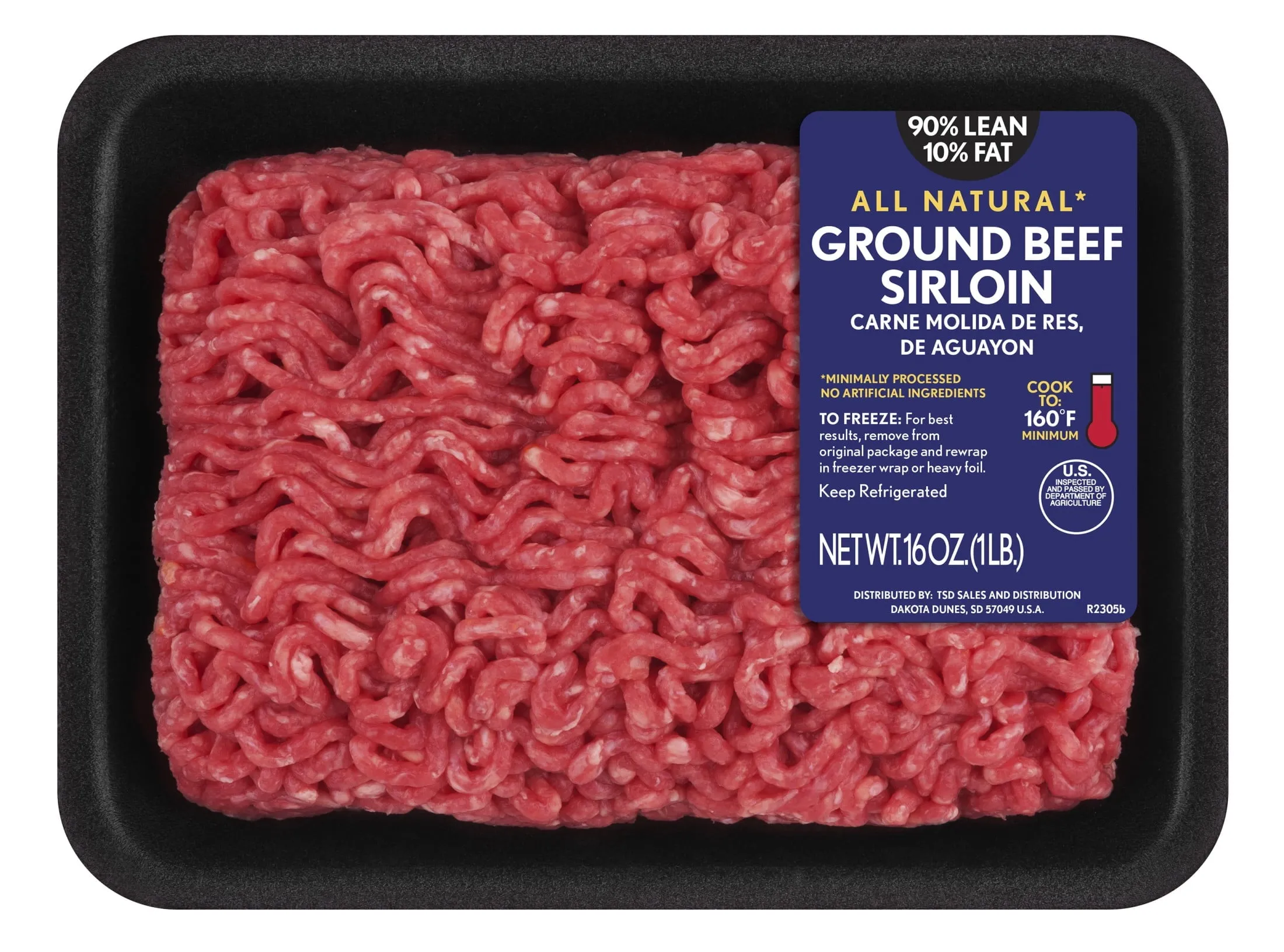 All Natural* 90% Lean/10% Fat Ground Beef Sirloin, 1 lb Tray