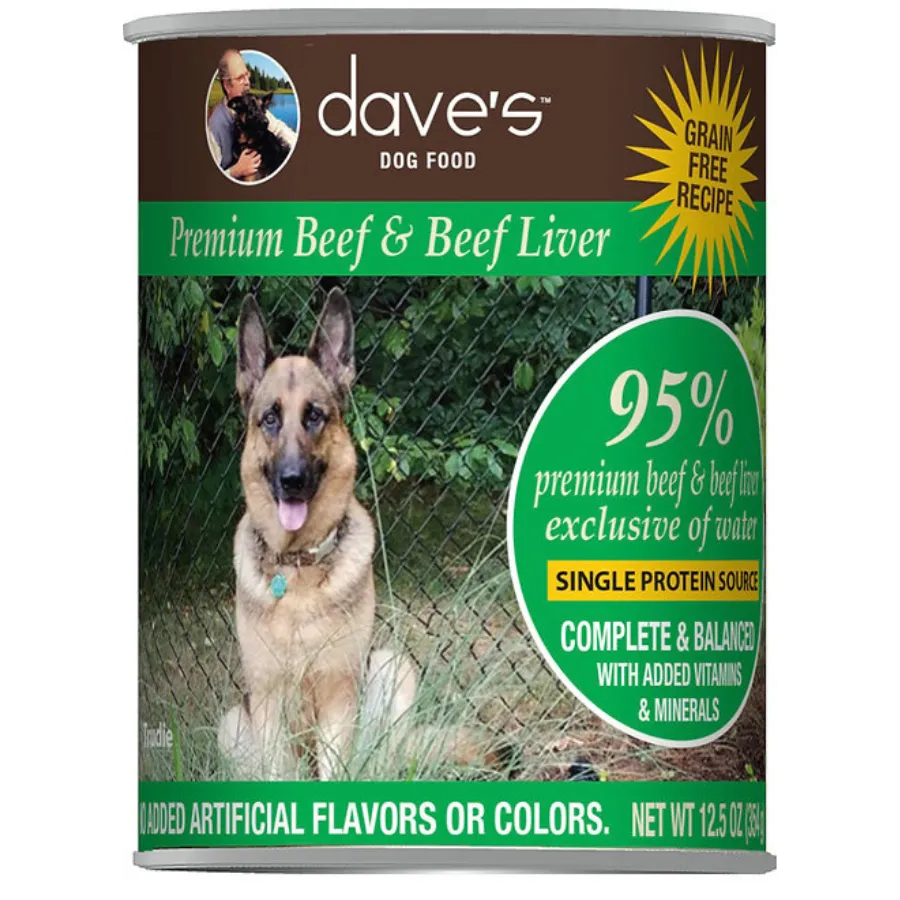 Dave's Pet Food 95% Premium Meats Grain-Free Beef & Beef Liver Recipe Canned Dog Food, 13-oz